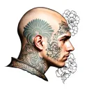 bald head profile holding tattoo design idea