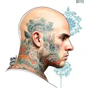 bald head profile holding tattoo design idea