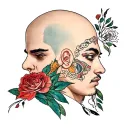 bald head profile holding tattoo design idea