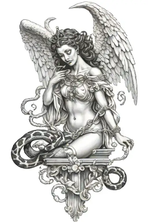 Baroque angel killing snakes tattoo design idea
