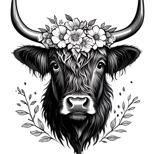 highland cow floral headband tattoo design idea