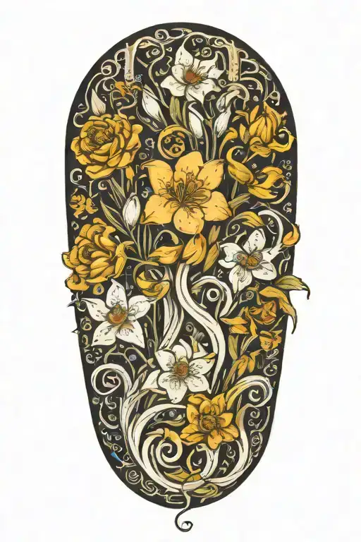 snowdrops, rose, marigold, daffodil, octopus tentacles tattoo design idea