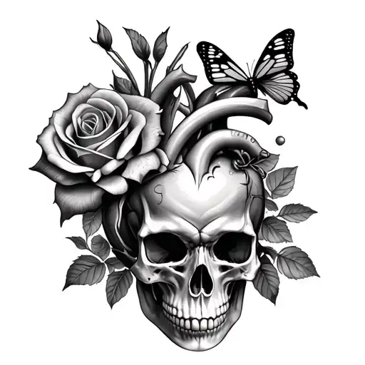 skull roses realistic heart and butterfly  tattoo design idea