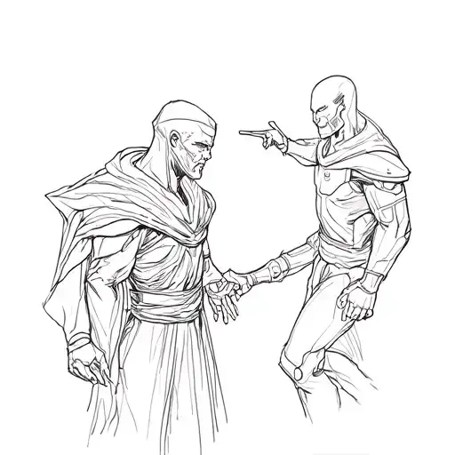 A sketch tattoo of a dramatic scene from Babylon 5 showing a character in a confrontation with a shadow character tattoo design idea