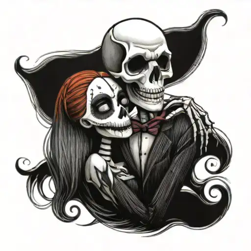 hand drawn realistic skull jack and sally skellington tattoo design idea
