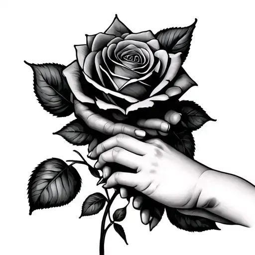 In profile a woman's hand with the tense index finger to which a baby hand clings. A rose hugs both hands tattoo design idea