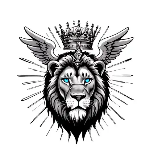 Lion with Spartan on nose (blue eyes?)Crown on top of lion angel wings around crown above going into rays Rays of suns tattoo design idea