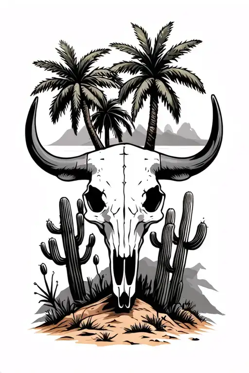 western, desert, palm tree, cactus, bull skull tattoo design idea