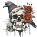 pigeon sitting on skull with roses tattoo design idea