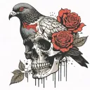 pigeon sitting on skull with roses tattoo design idea