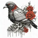 pigeon sitting on skull with roses tattoo design idea
