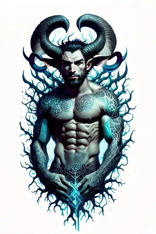 Gay male horned satyr with massive bodybuilder muscles flex. cyber tree roots, vines and patterns tattoo design idea
