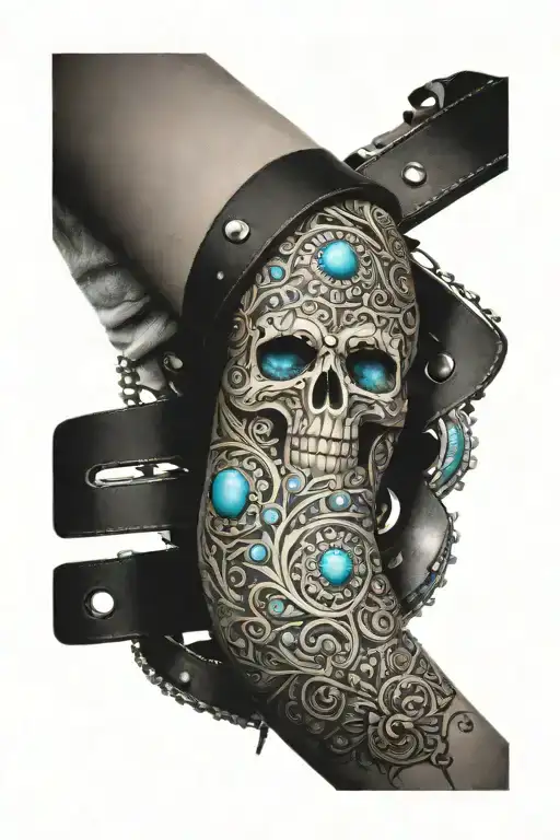 western tooled leather sleeve with turquoise stones balanced tattoo design idea