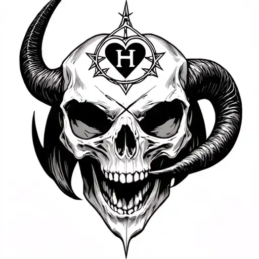 baphomet skull, upside down pentagram in forehead, black heart, subtle letter H tattoo design idea