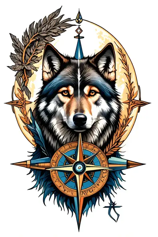Nordic wolf and compass tattoo design idea
