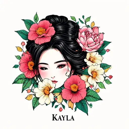 Kayla name with Asian face and flowers intertwined tattoo design idea