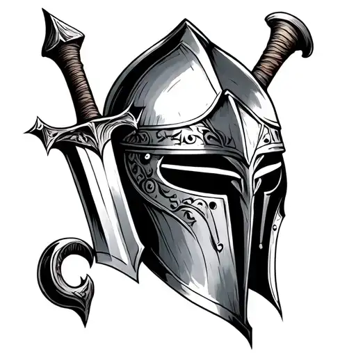 In the style of sketch tattoo a crusader helmet with a handle of a sword tattoo design idea