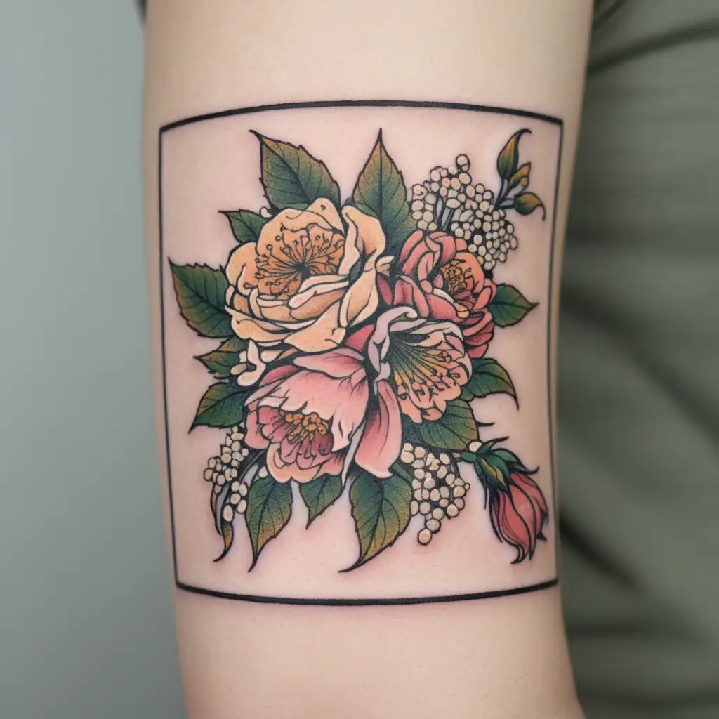 bouquets with carnation, narcissus, snowdrop and holly tattoo design idea