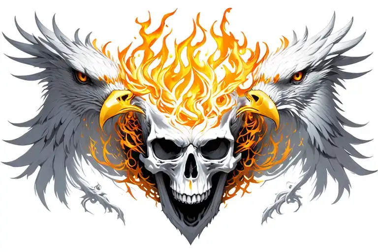 A digital painting of a stark white FIRE skull, intricately designed with fantasy golden dragons and an eagle, inspired  tattoo design idea