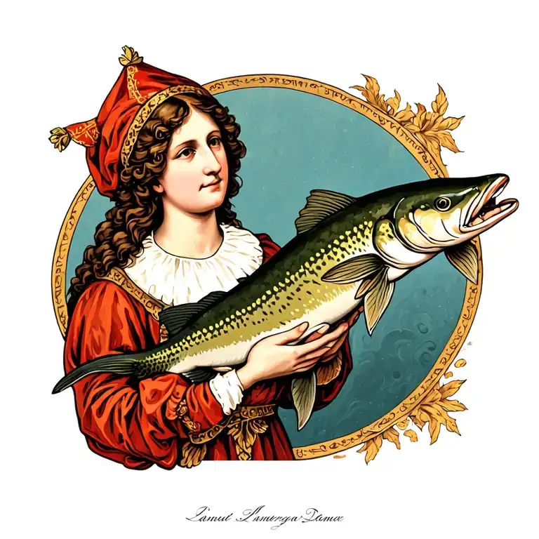 Sint Amelberga van Temse depicted holding a sturgeon,full face,no text,beautiful,woman  tattoo design idea