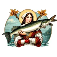 Sint Amelberga van Temse depicted holding a sturgeon,full face,no text,beautiful,woman  tattoo design idea