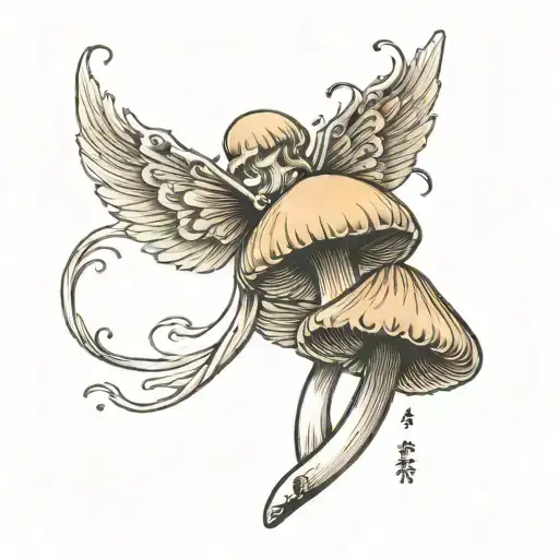 a mushroom that has fairy wings on the stem growing out to the left and right. Looks like an angel tattoo design idea