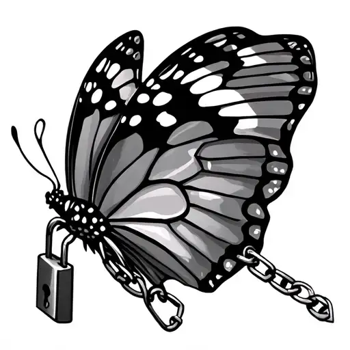 A butterfly that has a padlock in its lower body where a chain connects tattoo design idea