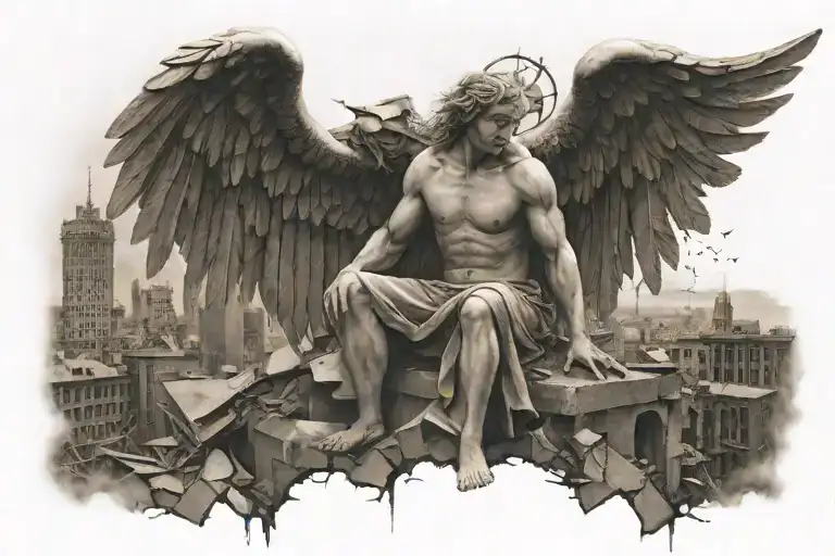 War ravaged guardian angel over looking destroyed cityscape tattoo design idea
