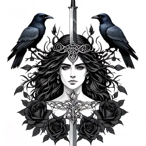 Celtic Goddess, Morrigan. Surrounded by ravens, black roses and swords tattoo design idea