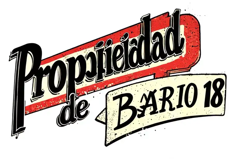 write "Propiedad de" in small caps and  "Barrio 18" in big caps in urban graffiti style tattoo design idea