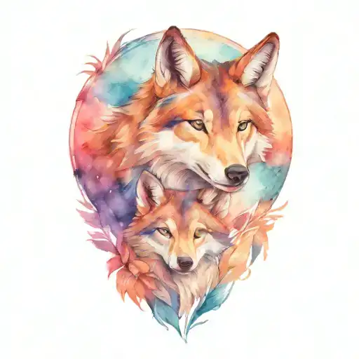 mama wolf head and cub tattoo design idea