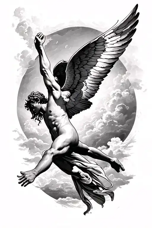 "A black and grey realism tattoo design for a thigh piece, depicting Icarus falling with one wing intact and the other d tattoo design idea
