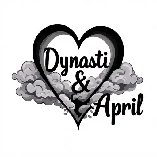 "Dynasti & April  " name in heart shape clouds tattoo design idea