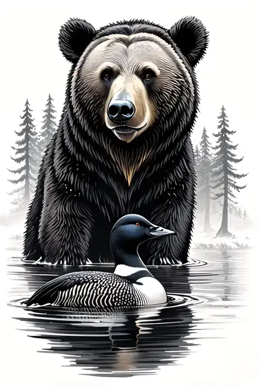 bear in the forest and a loon in water tattoo design idea