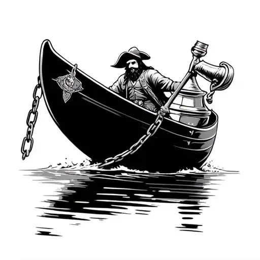 canoe going down river stanley cup in it secured with chain and a pirate in command of canoe tattoo design idea