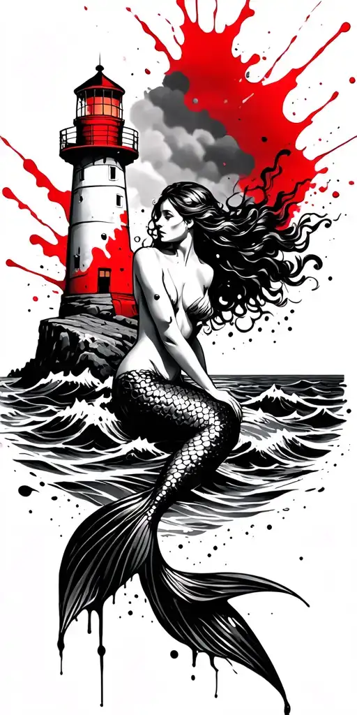  mermaid sitting on a rock and and lighthouse over looking the ocean tattoo design idea