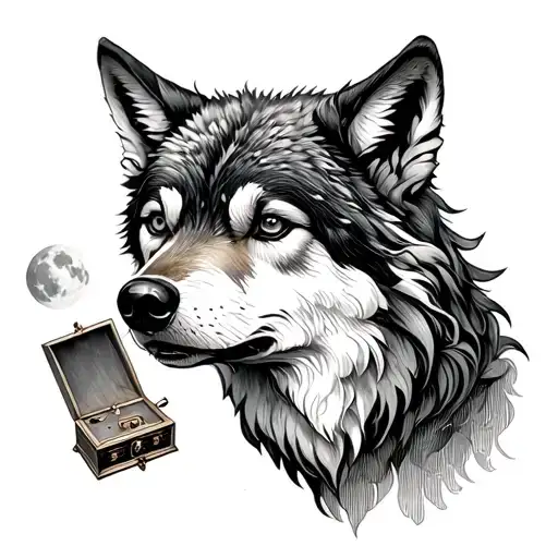 An elegant wolf howling at the moon, with a small music box embedded in its chest, in dotwork style tattoo design idea