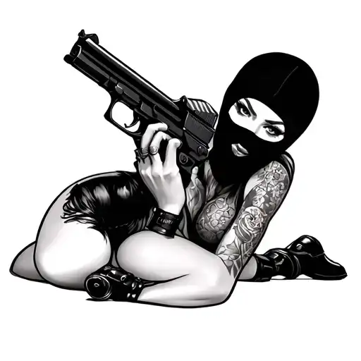 pin up girl lie with gun and balaclava on head tattoo design idea