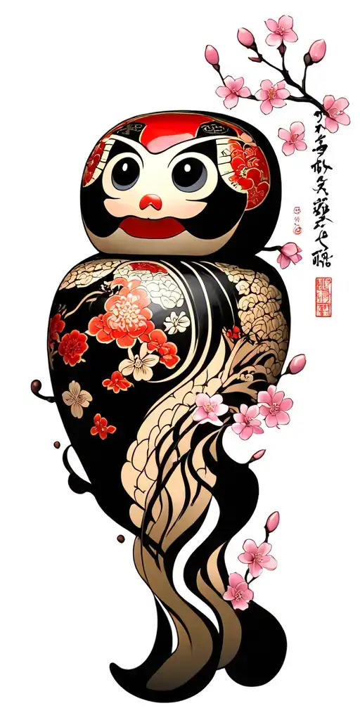 daruma doll, baku, cherry blossoms, japanese black smoke tattoo design idea