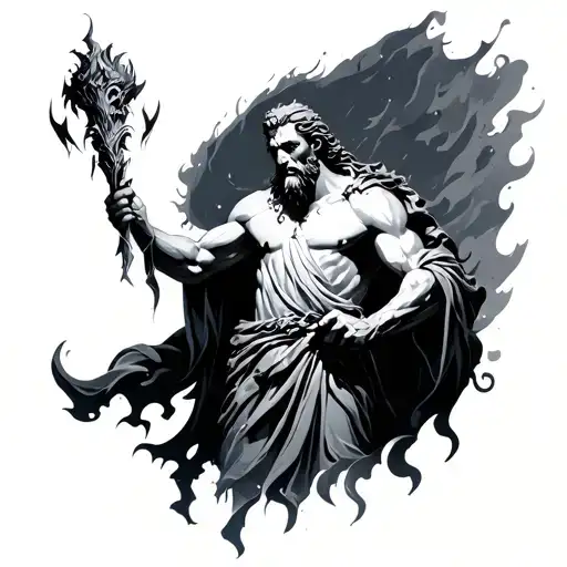 A unique depiction of Hades, the Greek god of the underworld, in a dramatic and artistic Greek style. He is holding brok tattoo design idea