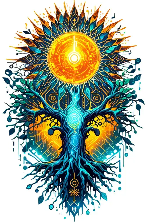 radient sun, tree of life, musical notes, leaves, feeling of chaos   tattoo design idea