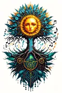 radient sun, tree of life, musical notes, leaves, feeling of chaos   tattoo design idea