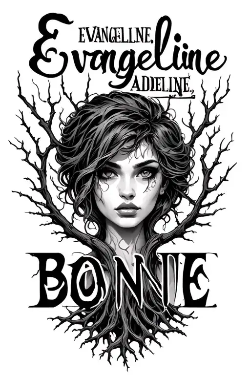 "Evangeline  Adeline. Bonnie" barb wire roots spreading tattoo design idea