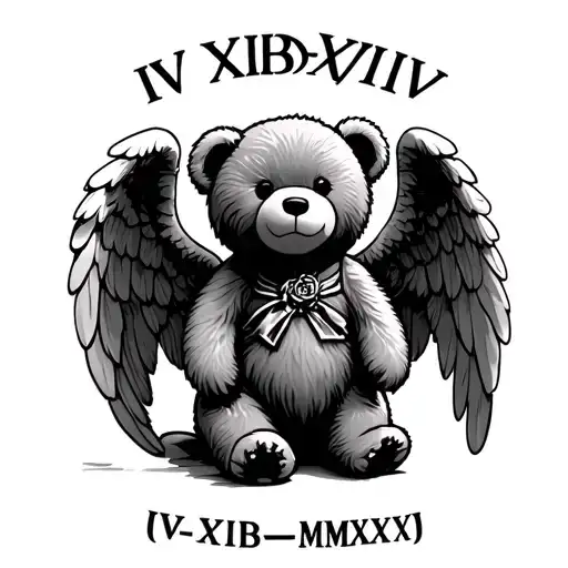 "IV•XVIII•MMXXIV" Teddy bear angel wings tattoo design idea