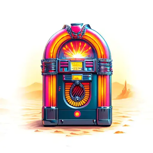 cowboy discovers lit up jukebox in middle of desert at night tattoo design idea