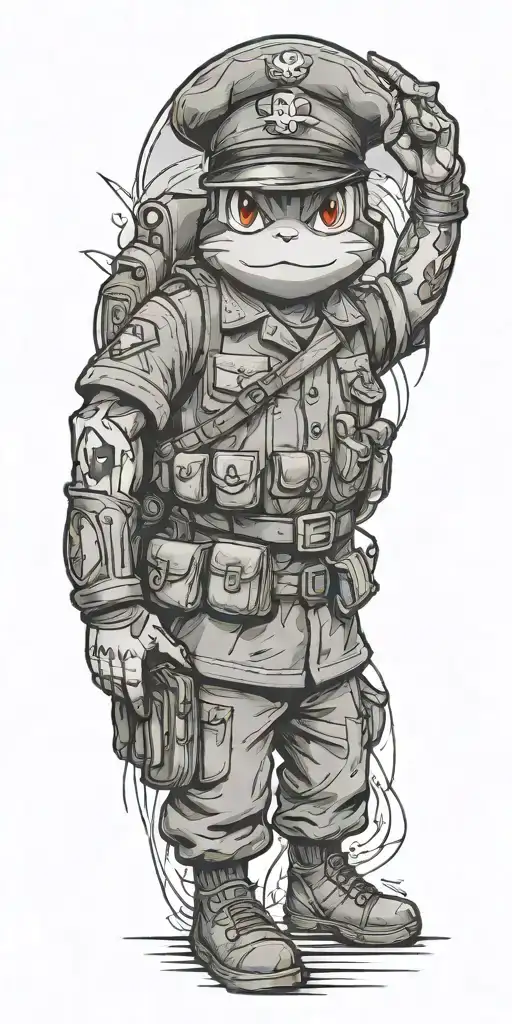 A tattoo design of a Pokemon character in a military uniform, paying tribute to the client's veteran background tattoo design idea