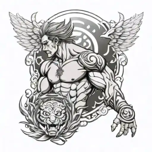 escanor from 7 deadly sins lion pride back tattoo with Naruto sealing jitsu outer ring surrounding it tattoo design idea