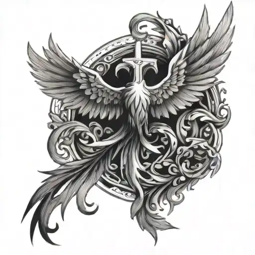 phoenix and cross  tattoo design idea