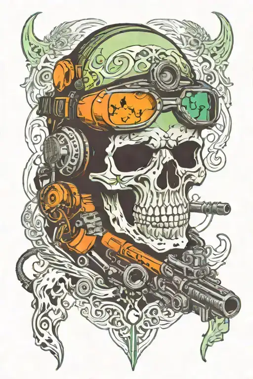 dark panoramic nightvision goggle skull ar15 reaper black grey green orange tattoo design idea