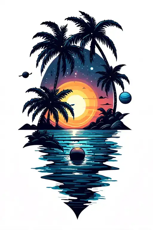 space, planets, sea, palms, sun setting tattoo design idea